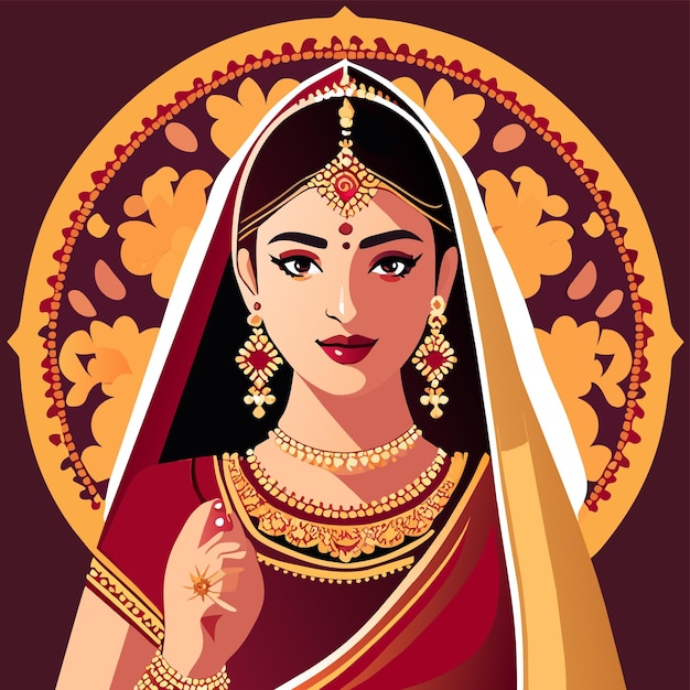 Vector beautiful indian bride saree portrait hand drawn cartoon sticker icon concept isolated illustration