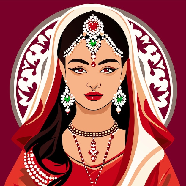 Vector beautiful indian bride saree portrait hand drawn cartoon sticker icon concept isolated illustration