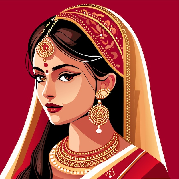 Vector beautiful indian bride saree portrait hand drawn cartoon sticker icon concept isolated illustration