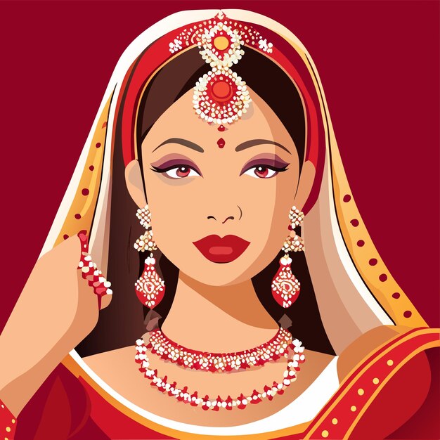 Vector beautiful indian bride saree portrait hand drawn cartoon sticker icon concept isolated illustration