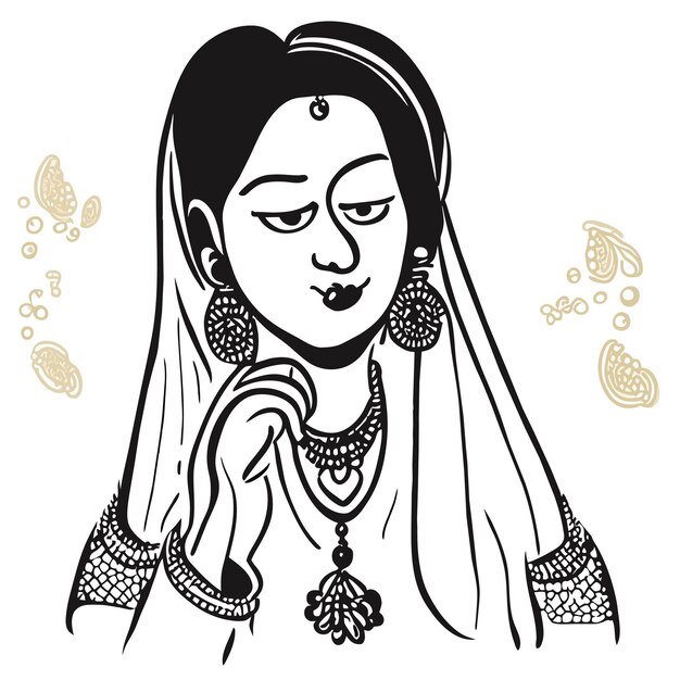 Vector beautiful indian bride saree portrait hand drawn cartoon sticker icon concept isolated illustration