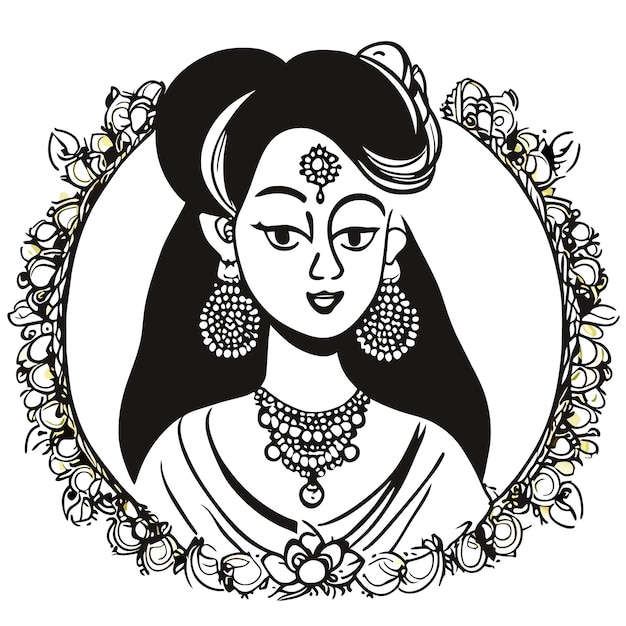 Vector beautiful indian bride saree portrait hand drawn cartoon sticker icon concept isolated illustration