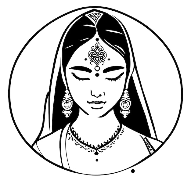 Vector beautiful indian bride saree portrait hand drawn cartoon sticker icon concept isolated illustration