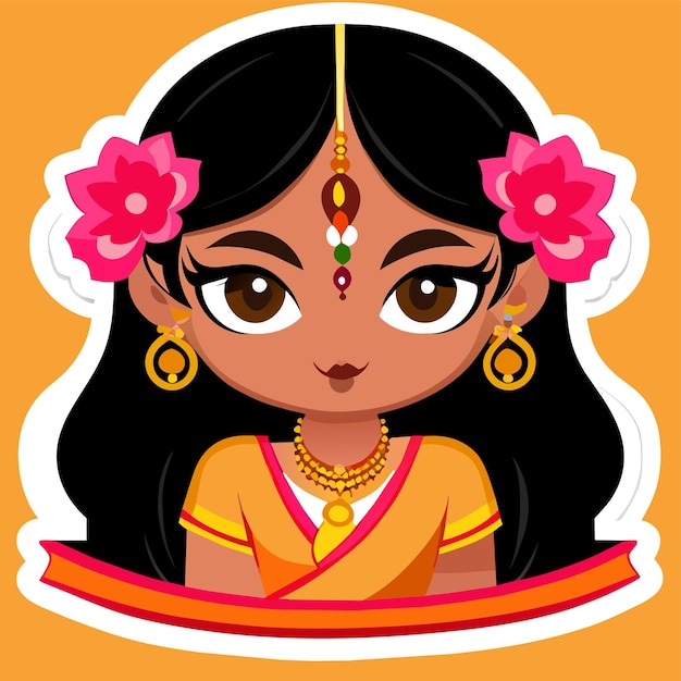 Vettore illustrazione isolata concetto dell'icona dell'autoadesivo del fumetto disegnato a mano del ritratto del sari della bella sposa indiana