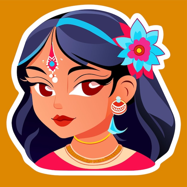 Vector beautiful indian bride saree portrait hand drawn cartoon sticker icon concept isolated illustration