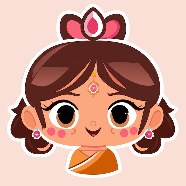 Illustrazione isolata concetto dell'icona dell'autoadesivo del fumetto disegnato a mano del ritratto del sari della bella sposa indiana