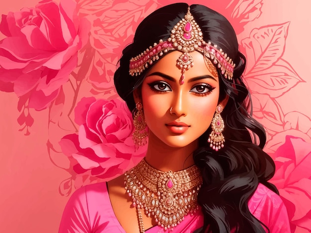 Vector beautiful indian woman in traditional clothes on pink background illustration