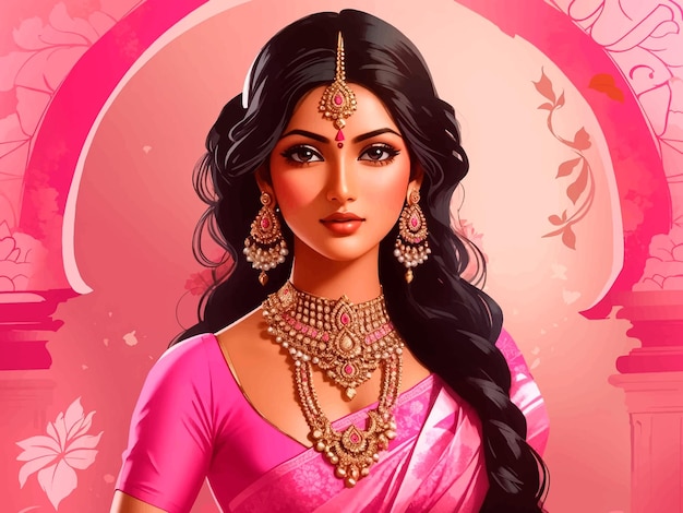 beautiful indian woman in traditional clothes on pink background illustration