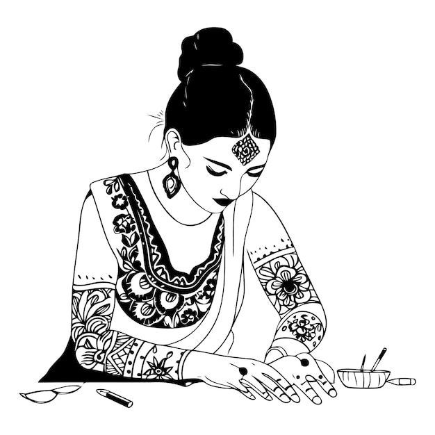 Vector beautiful indian woman with henna tattoo