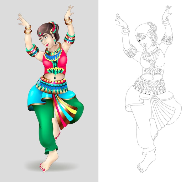 Beautiful indian women dancing coloring isolated on grey background and line drawing on white