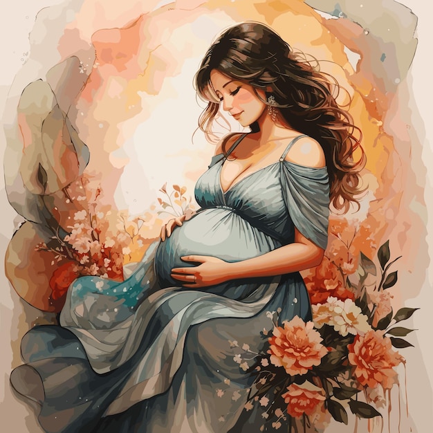 Vector beautiful inked textured painting of pregnant woman