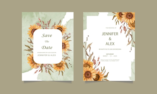 beautiful invitation wedding with sunflower water color hand drawing style