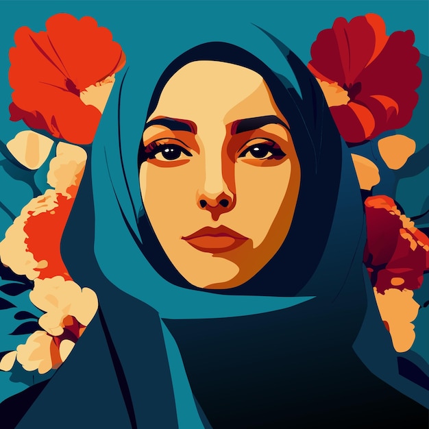 Beautiful iranian woman wearing hijab with proud gaze women's freedom protests hand drawn