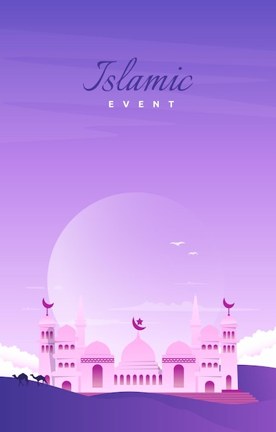 Beautiful Islamic Event Greeting Card Mosque Sky Vector Design Template