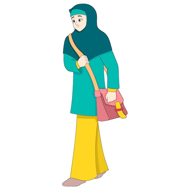 아름다운 이슬람 소녀가 공부하기 위해 학교로 걸어가고 있습니다.