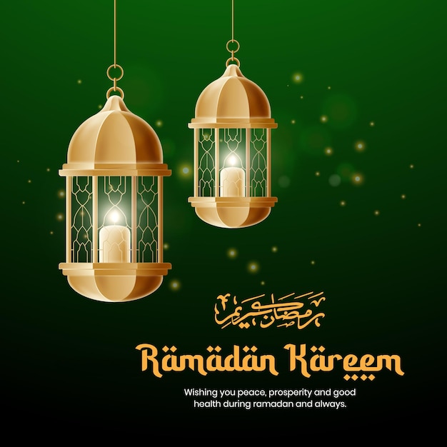 Beautiful Islamic Ramadan Kareem greeting card design with golden lamp in green background