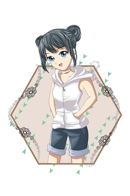 Beautiful japanese girl with white short jacket and blue short pants illustration