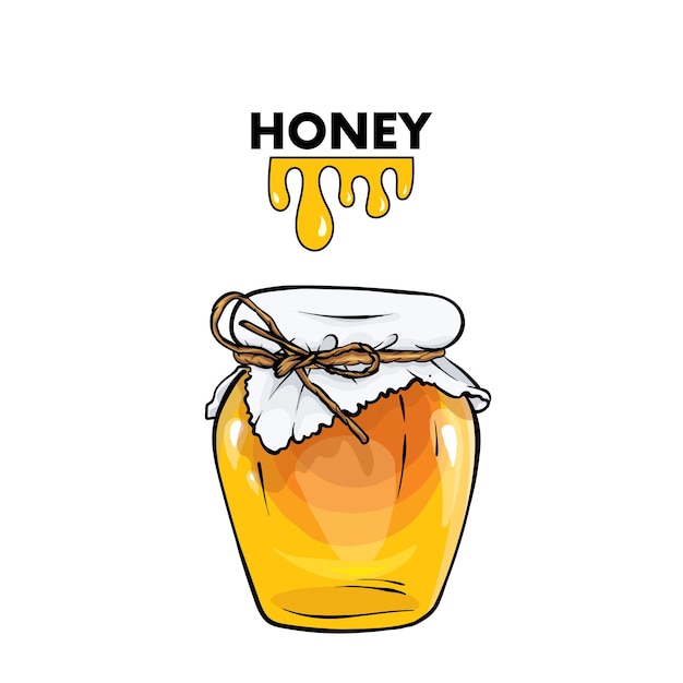 A beautiful jar of honey covered with a napkin with a bow of rope Realistic illustration