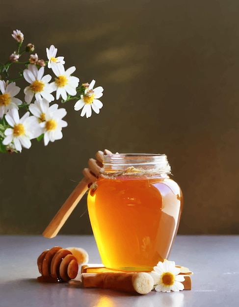 Vettore bellissimo barattolo di miele con fiori sul tavolo