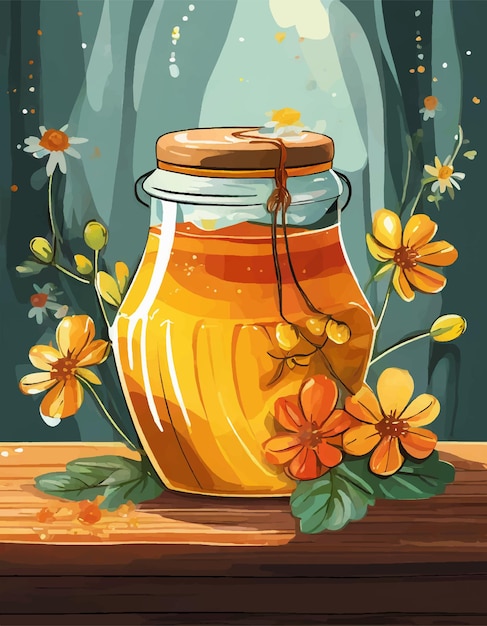 Vector beautiful jar of honey with flowers on the table