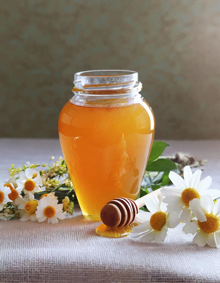 Vector beautiful jar of honey with flowers on the table