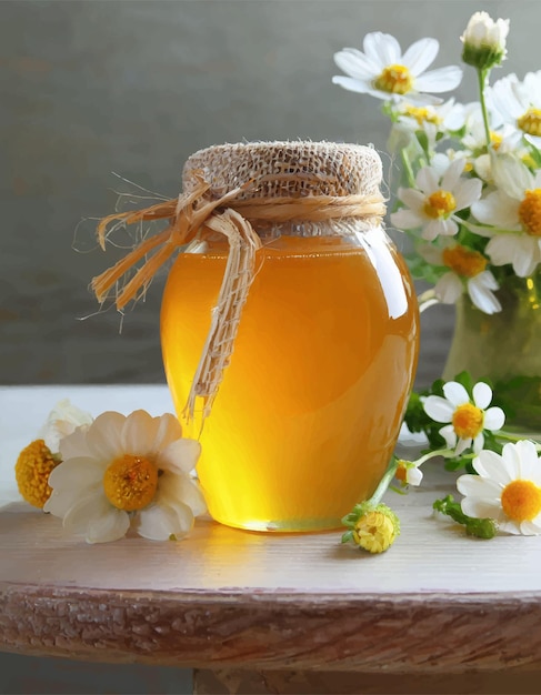 Bellissimo barattolo di miele con fiori sul tavolo