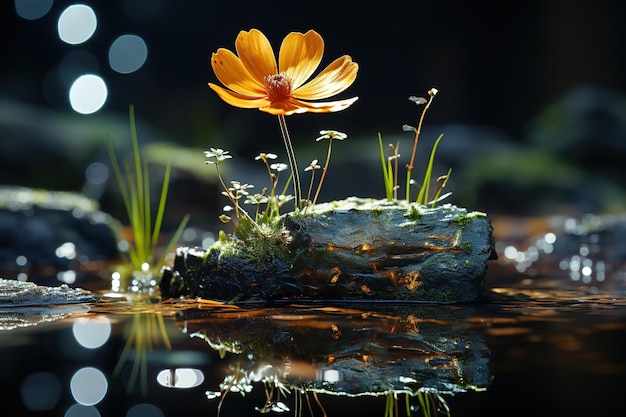 Bellissimo riflesso di un fiore di gelsomino sulla superficie dell'acqua