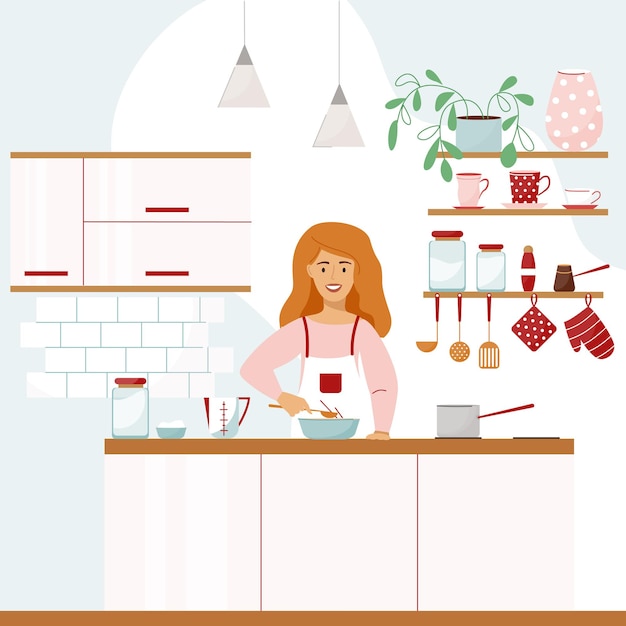 Vector beautiful kitchen interior cute smiling girl prepares food elements of kitchen tools