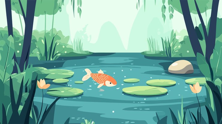 Vector beautiful koi fish swimming under lily pads in tranquil garden pond