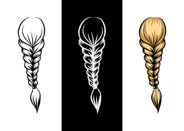 Beautiful lady hairstyle braid icon set isolated doodle drawing outline sketch graphic vector logo design beauty salon hair flat line art sign braided hairdo simple flat black