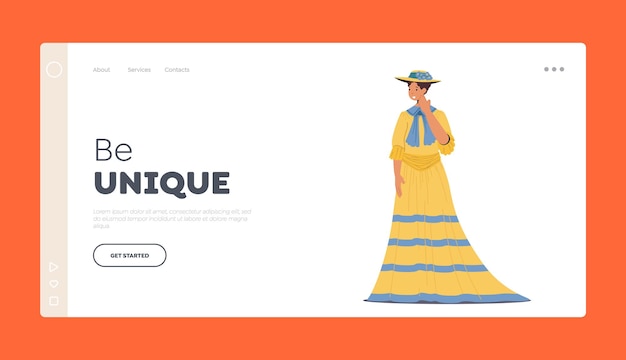 Beautiful Lady in Historical Vintage Dress of 19th Century Landing Page Template Woman in Elegant Gown and Hat