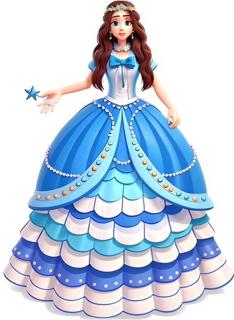 Вектор Красивая леди-принцесса с коричневыми волосами, синим и белым платьем.