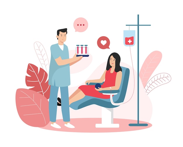 Vector beautiful lady sitting in chair and donating blood doctor standing near and holding flask with blood