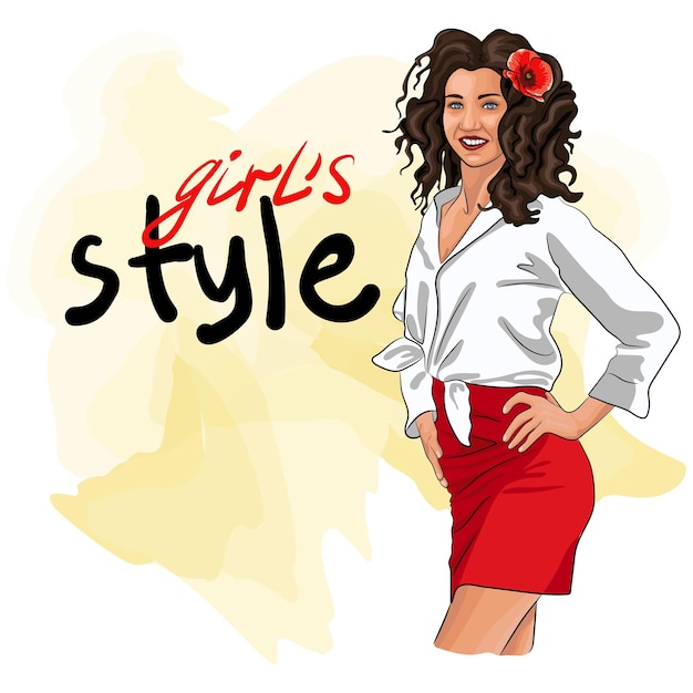 Vector beautiful lady with lettering cartoon drawing. pretty woman in red skirt and white blouse