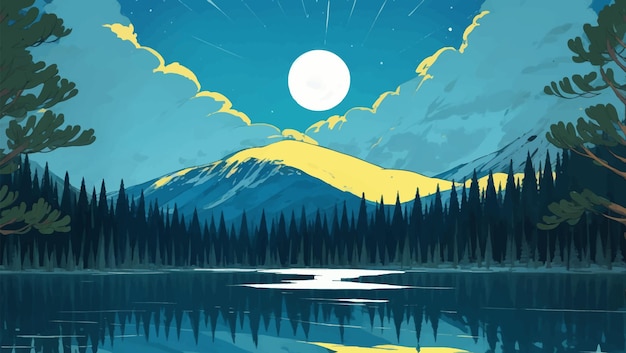 Bello paesaggio del lago con la montagna degli alberi e la luna nell'illustrazione disegnata a mano della pittura di notte
