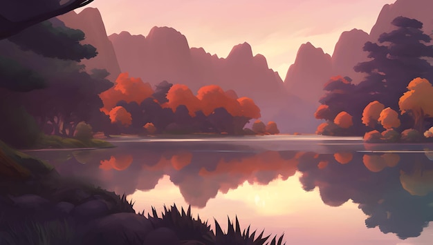 Вектор Красивое озеро, окруженное горами и осенними деревьями во время восхода или заката. подробная рисованная вручную иллюстрация.