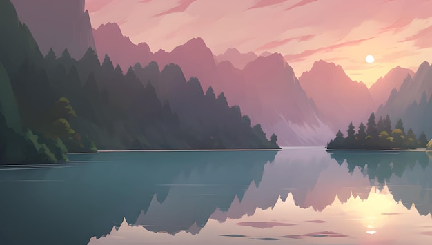 Vettore bellissimo lago circondato da montagne e alberi autunnali durante l'alba o il tramonto scenario illustrazione disegnata a mano dettagliata della pittura