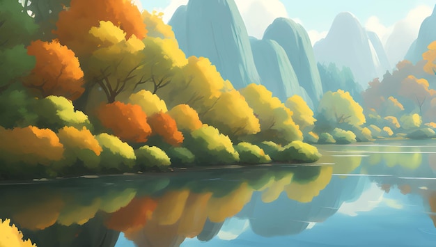 Beautiful Lake Surrounded by Mountains and Autumn Trees Scenery Detailed Hand Drawn Painting Illustration