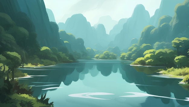 Beautiful Lake Surrounded by Mountains and Hills Scenery Detailed Hand Drawn Painting Illustration