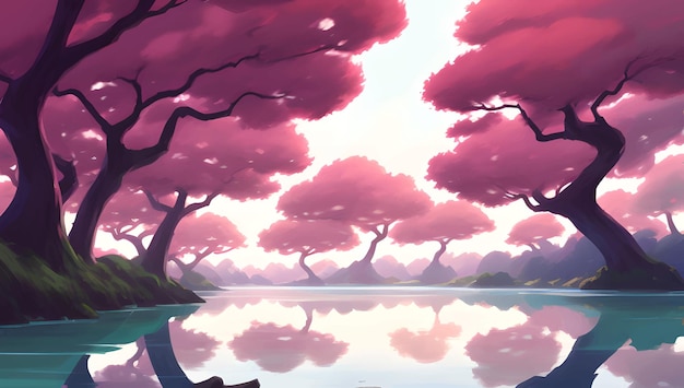 Vettore bellissimo lago circondato da montagne e paesaggi di alberi di sakura illustrazione disegnata a mano dettagliata della pittura