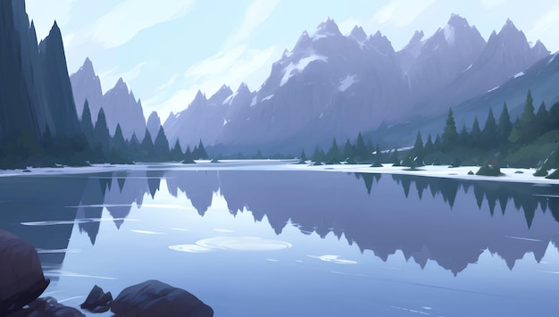 ベクトル 雪に覆われた山と丘の風景に囲まれた美しい湖 詳細な手描きの絵画イラスト