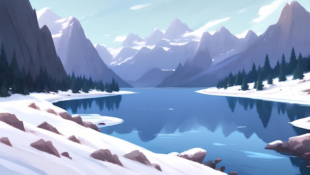 Bellissimo lago circondato da montagne innevate e paesaggio collinare illustrazione disegnata a mano dettagliata della pittura