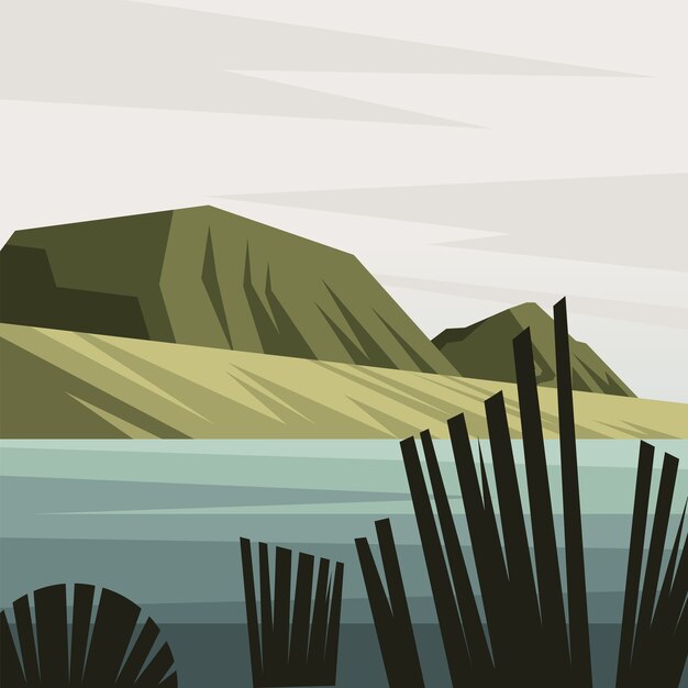 Vettore bella scena di paesaggio con montagne e disegno di illustrazione vettoriale lago