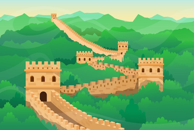 Beautiful landscape Great Wall of China, Chinese famous landmark with watchtowers tourist attraction design postcard or travel poster, Vector illustration.