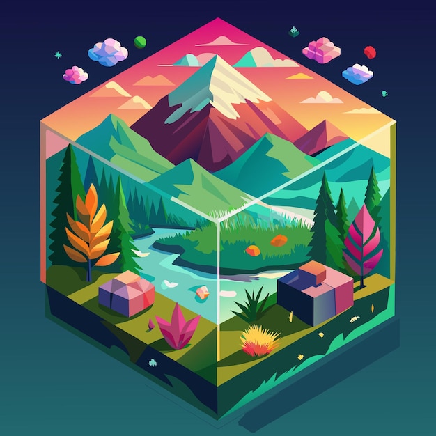 Beautiful landscape inside of a cube