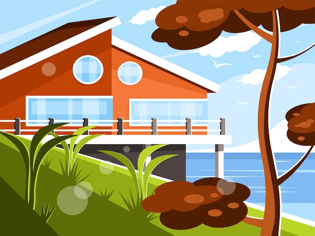 Beautiful landscape of luxury villa standing on mountain at ocean shore vector graphics