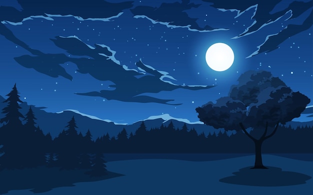 Vector beautiful landscape in the moonlight full moon over forest