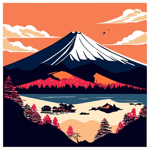 Vettore bellissimo paesaggio della montagna fuji intorno al lago yamanakako illustrazione vettoriale