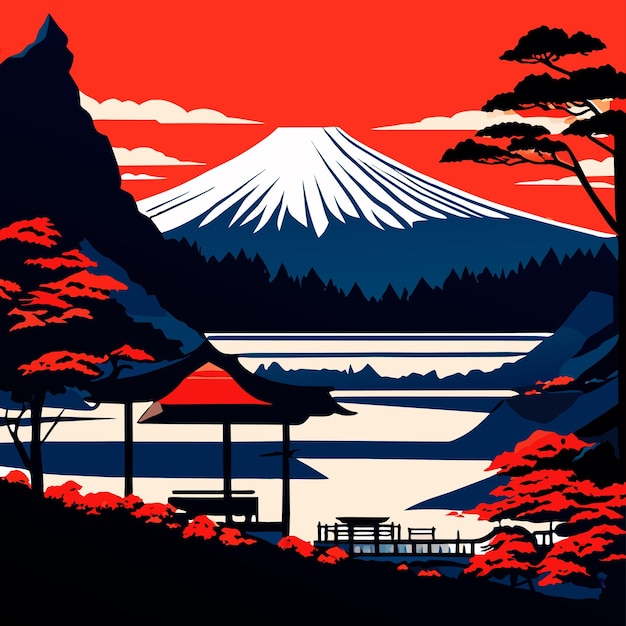 Vettore bellissimo paesaggio della montagna fuji intorno al lago yamanakako illustrazione vettoriale