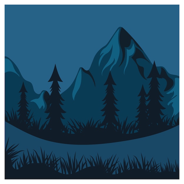 Vector beautiful landscape of mountains pine trees and moon